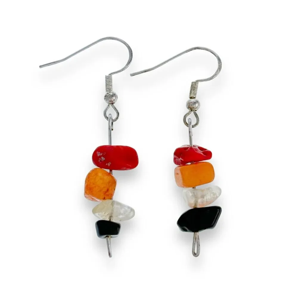 Vintage Sterling Silver 925 Coral Citrine Quartz Onyx Dangle Earrings